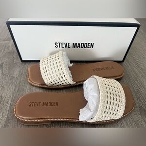 Steve Madden Cream Woven Slide Sandals with Tan Footbed